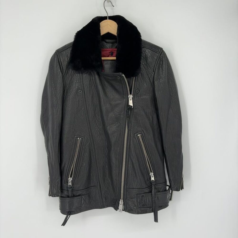 All Saints Black Leather Jacket with Fur Collar